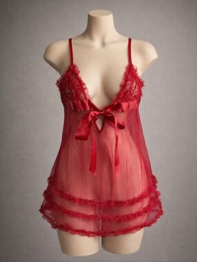 Frederick's of Hollywood Red Sheer Ruffle Lace Babydoll Chemise L Lingerie Y2K